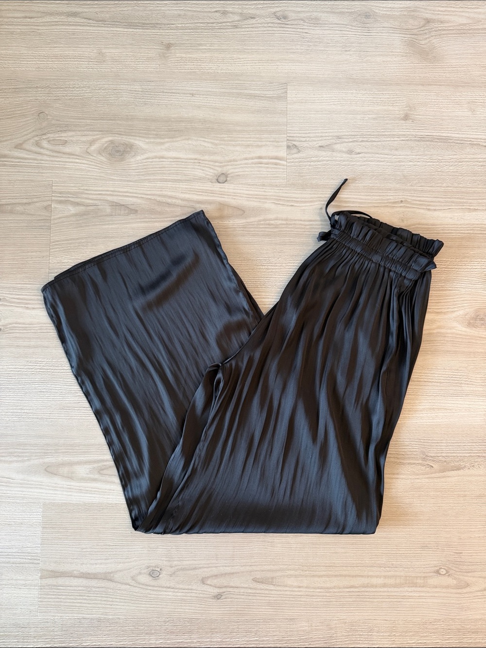 Pookie & Sebastian Black Wide-Leg Drawstring Satin Pants